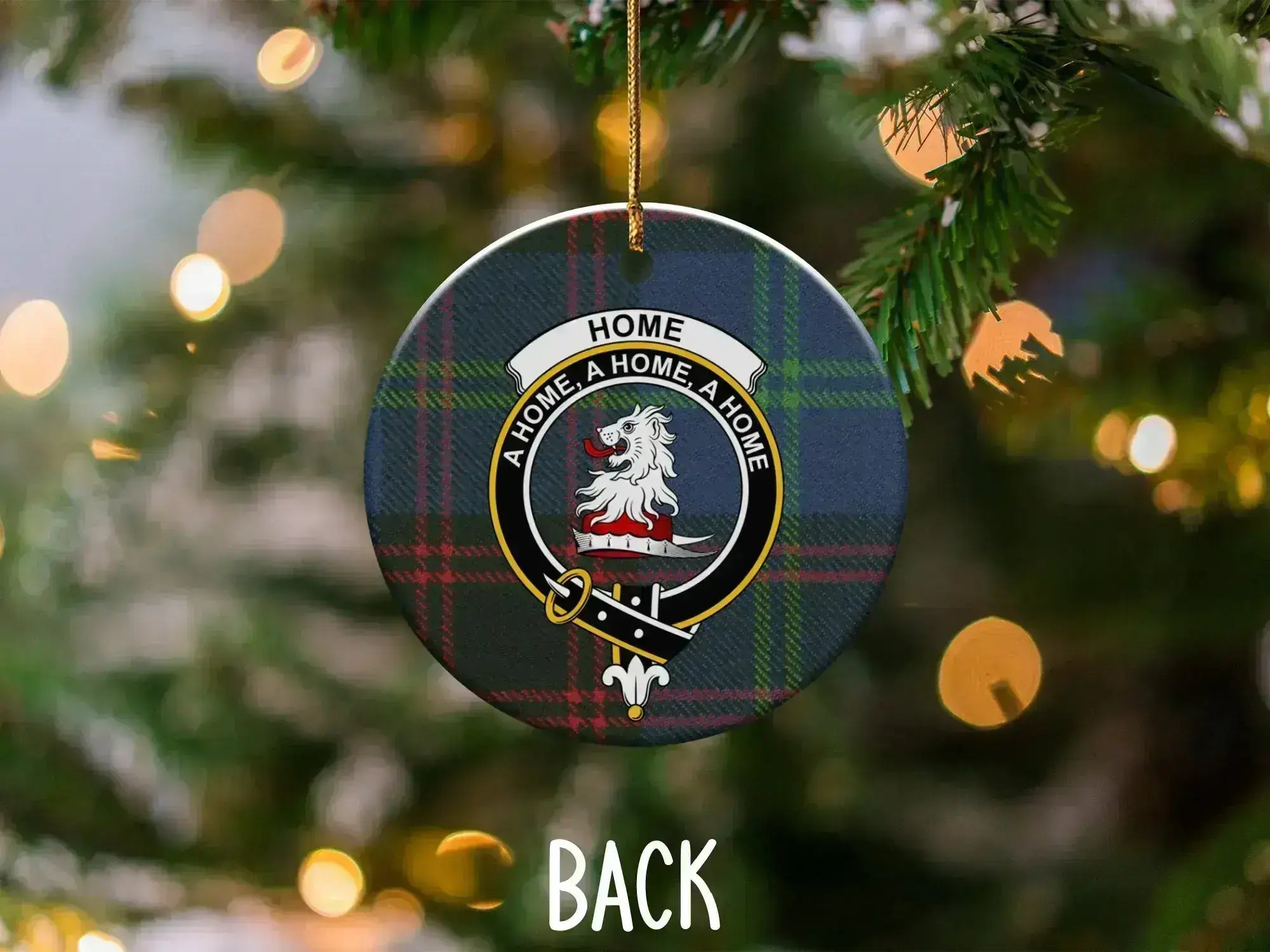 Home clan tartan Christmas ornament — 3-inch ceramic disc with traditional clan crest, gold string
