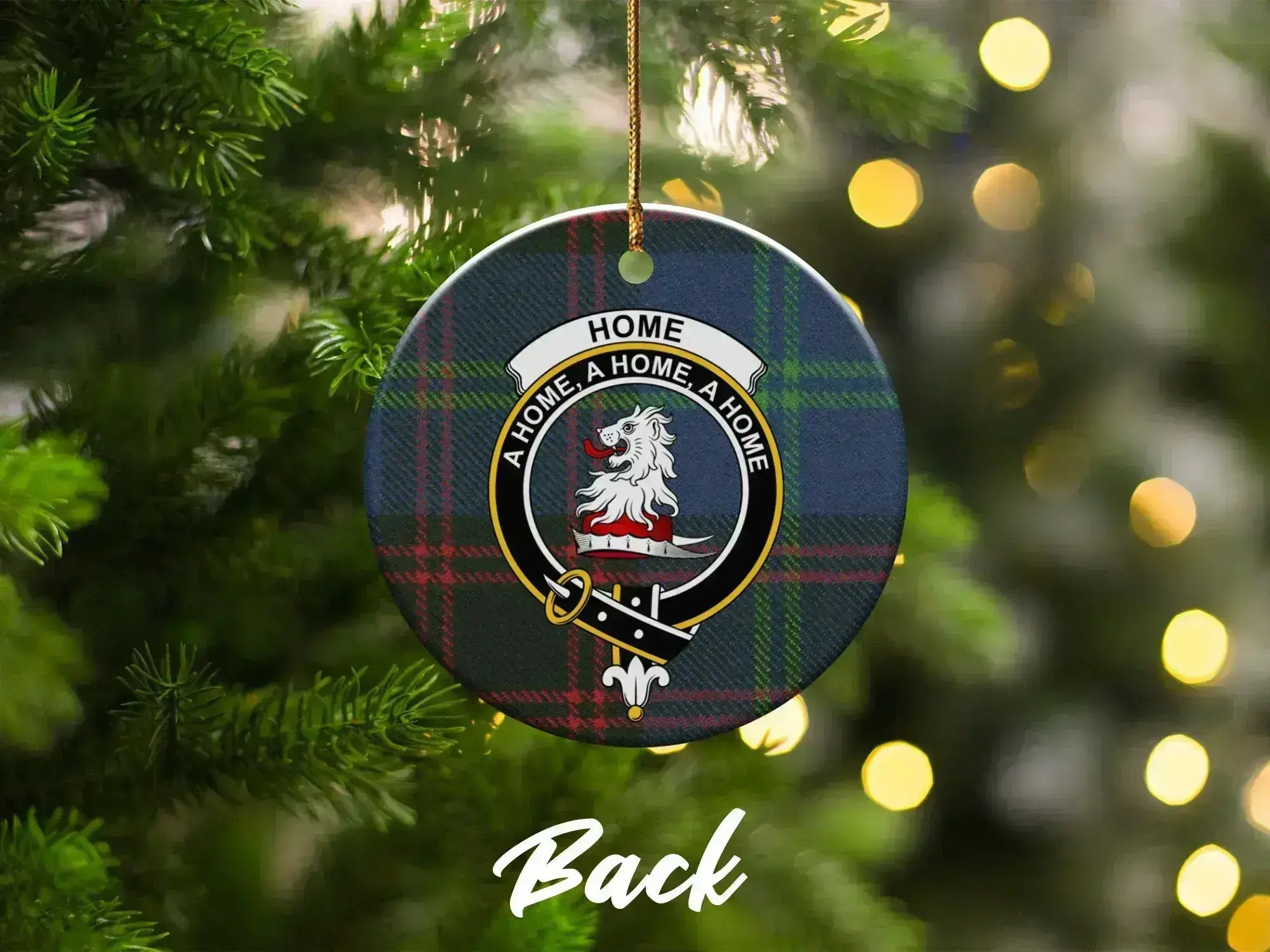 Home clan crest tartan ceramic ornament — double-sided glazed 3-inch disc, custom design