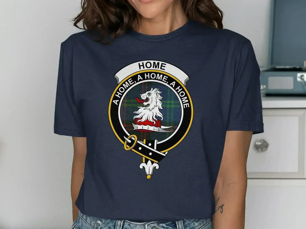 Home clan crest graphic t-shirt — lion clan motto heraldic design on cotton