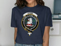 Home clan crest graphic t-shirt — lion clan motto heraldic design on cotton