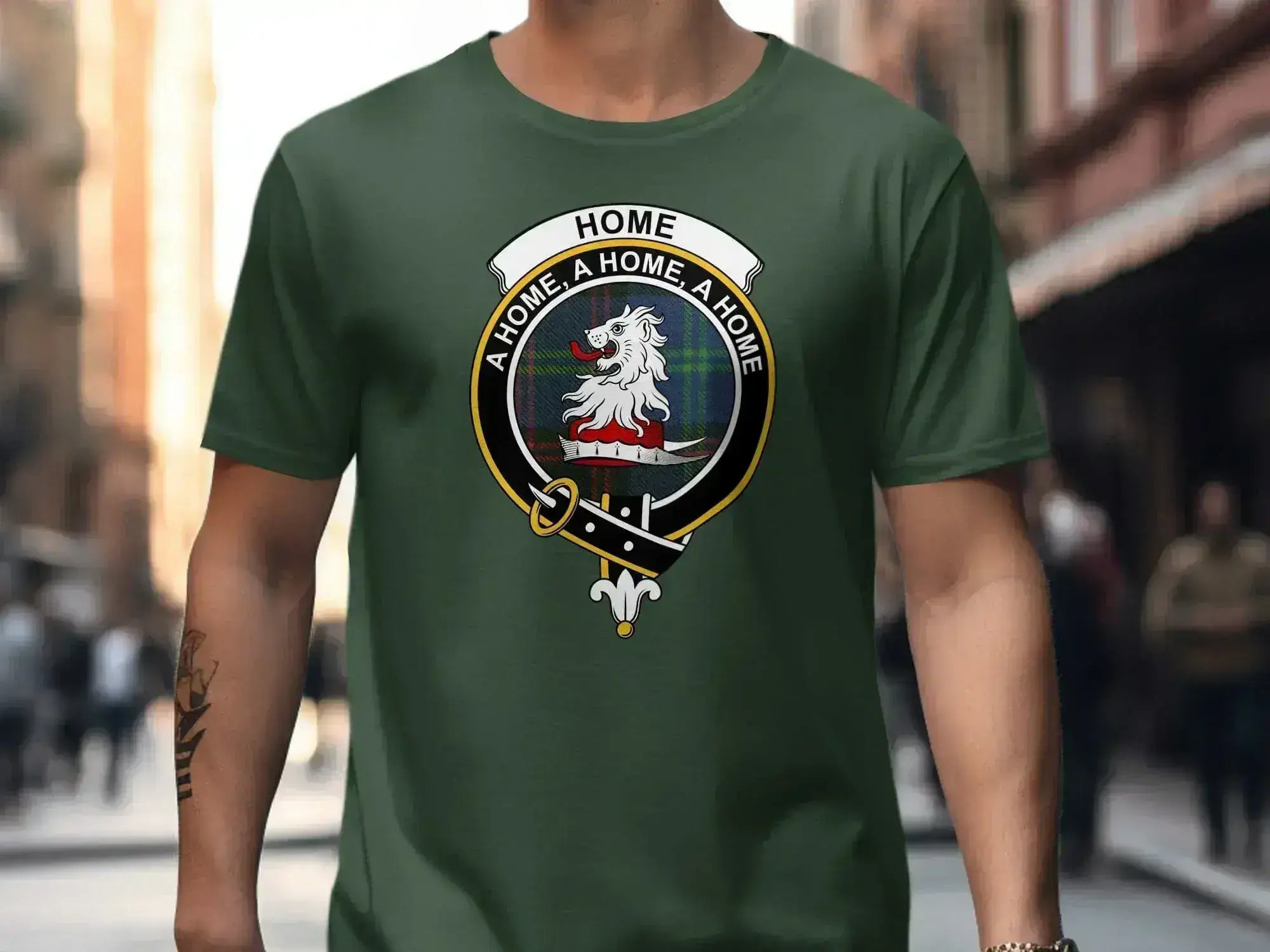Home A Home A Home graphic t-shirt — clan crest home-themed design on cotton