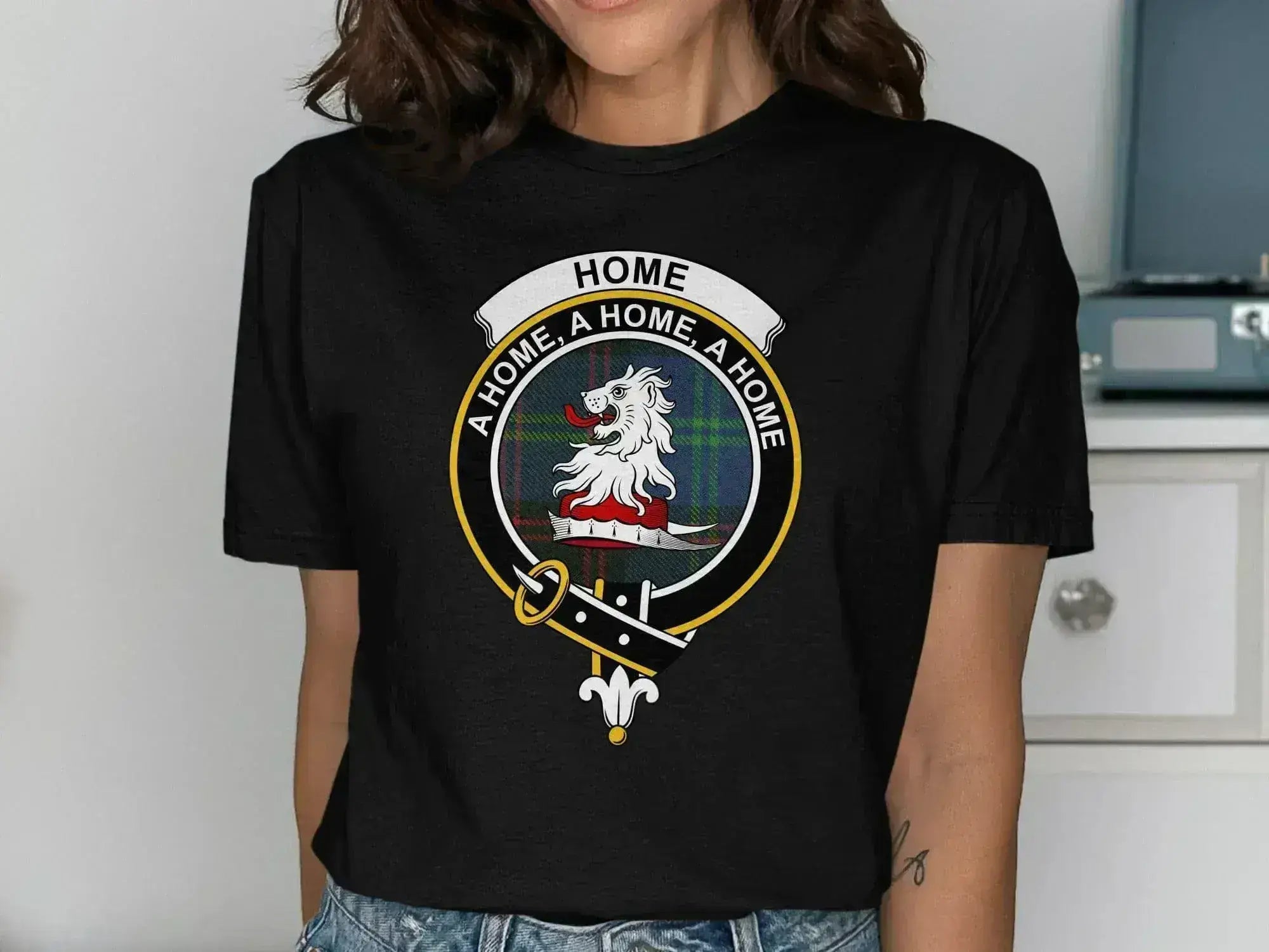 Home clan crest graphic print t-shirt — A Home A Home A Home design on 100% cotton