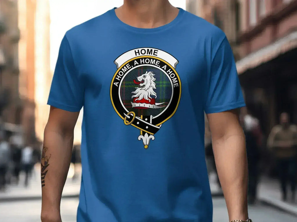 Home clan crest t-shirt in blue — A Home A Home A Home lion heraldic design