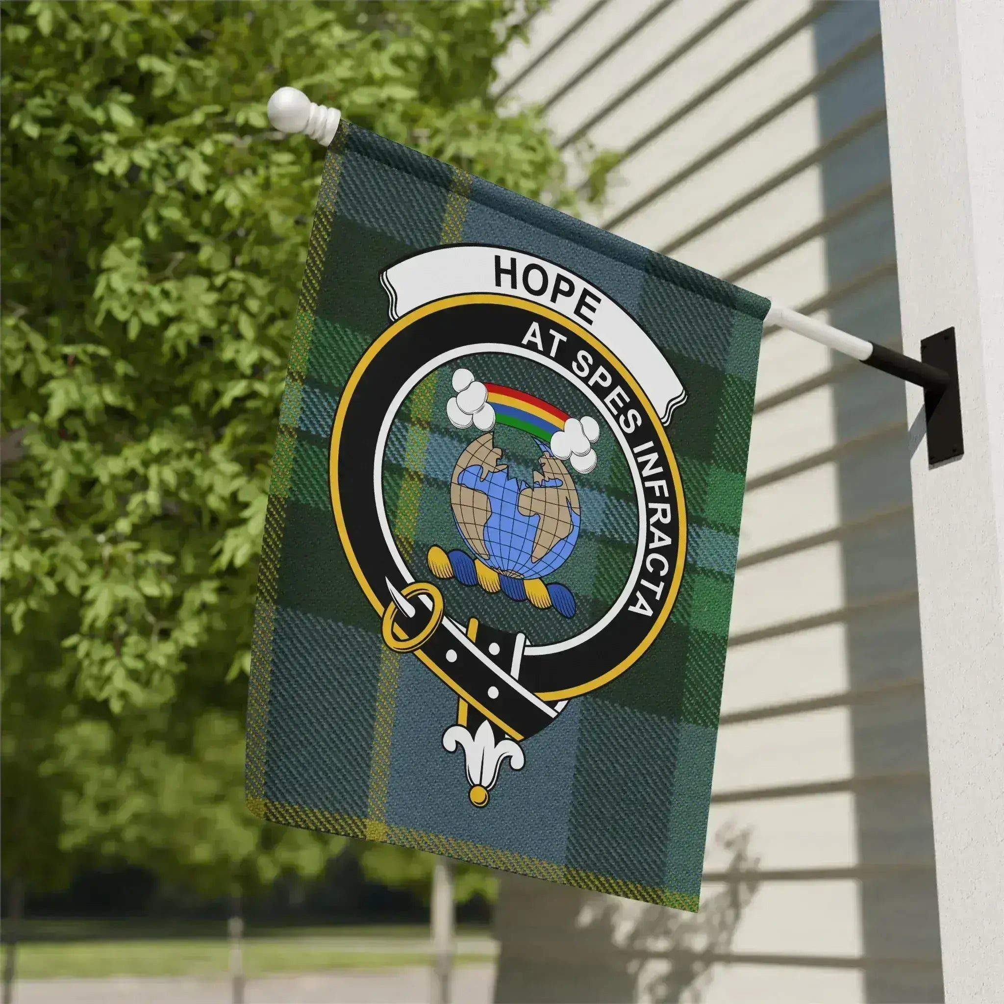 Clan Hope tartan garden flag — At Spes Infracta crest design, 12x18 inch outdoor display