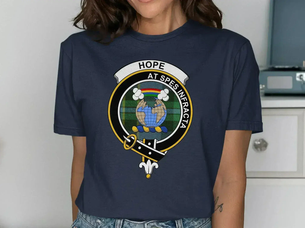 Clan Hope crest graphic t-shirt — royal blue with tartan and clan motto print