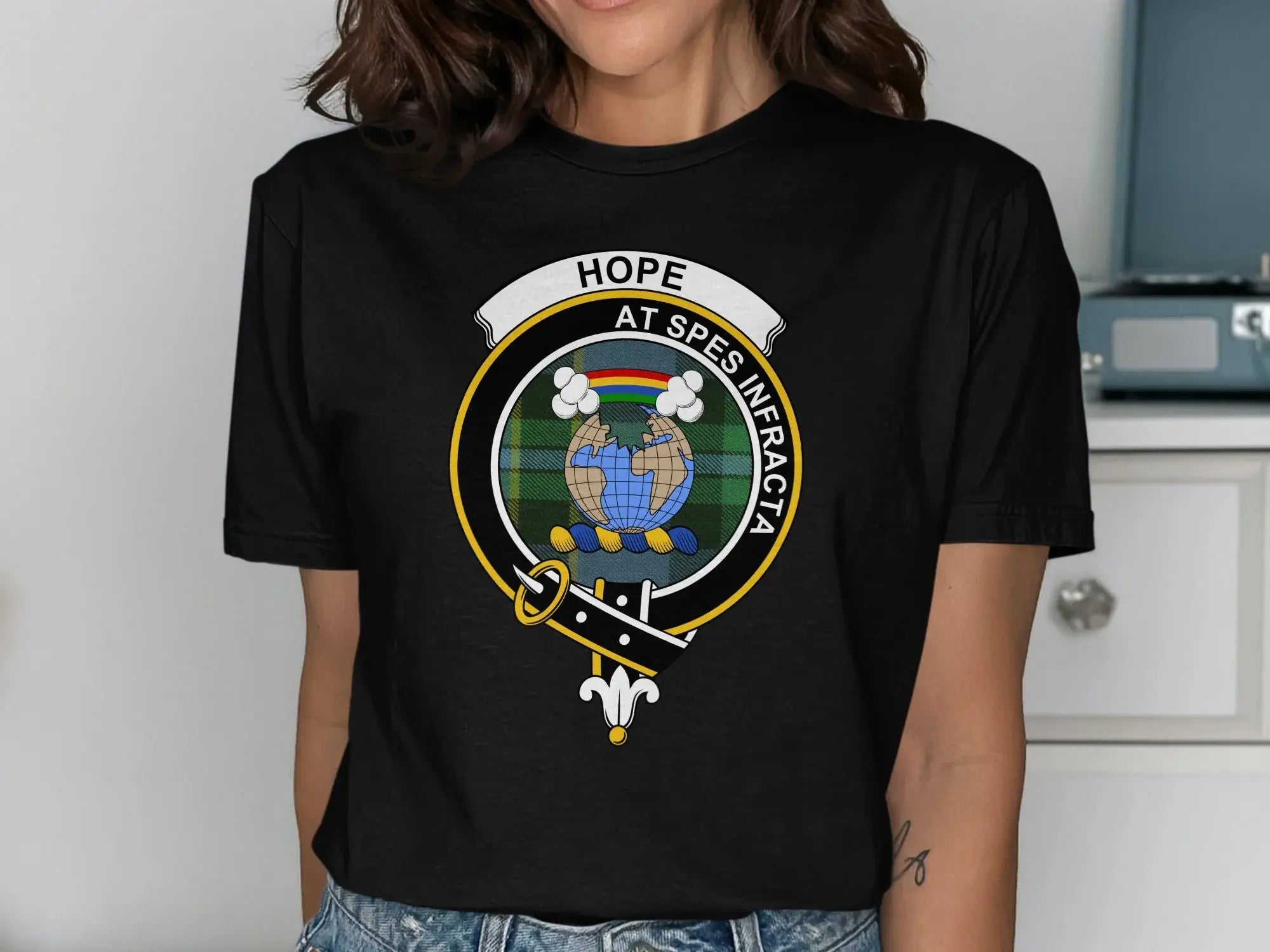 Clan Hope tartan crest tee — forest green short sleeve with heraldic crest print