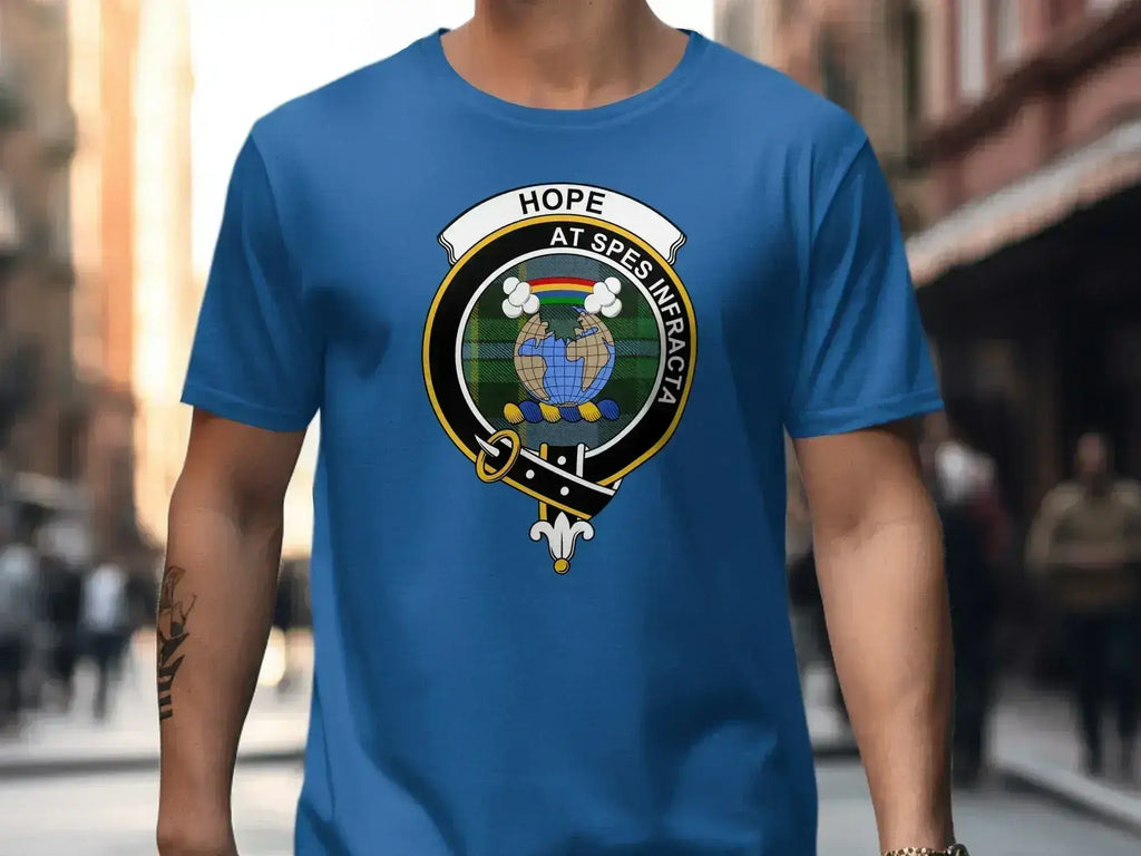 Clan Hope crest t-shirt — front view showing tartan and At Spes Infracta motto