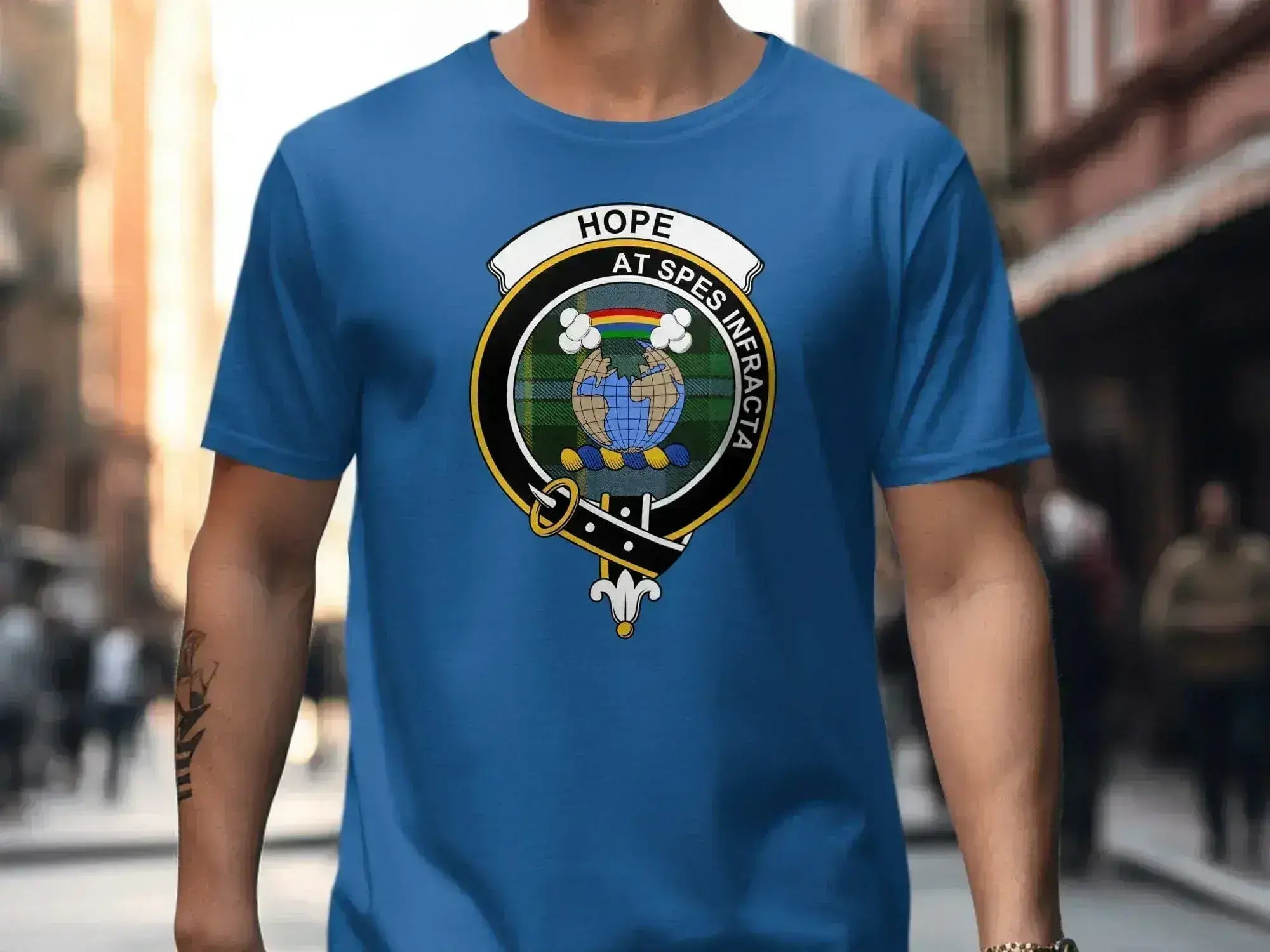 Clan Hope crest t-shirt — front view showing tartan and At Spes Infracta motto