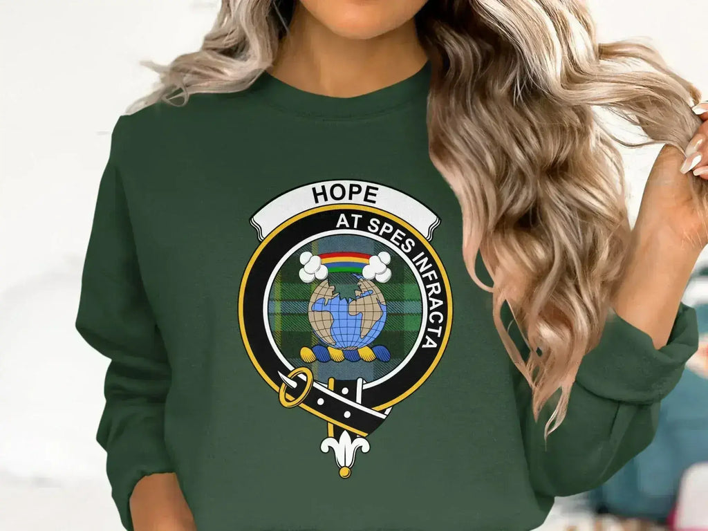 Clan Hope tartan crest sweatshirt — forest green crewneck with heraldic emblem
