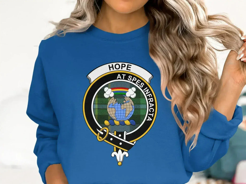 Clan Hope crest sweatshirt — royal blue crewneck with tartan design