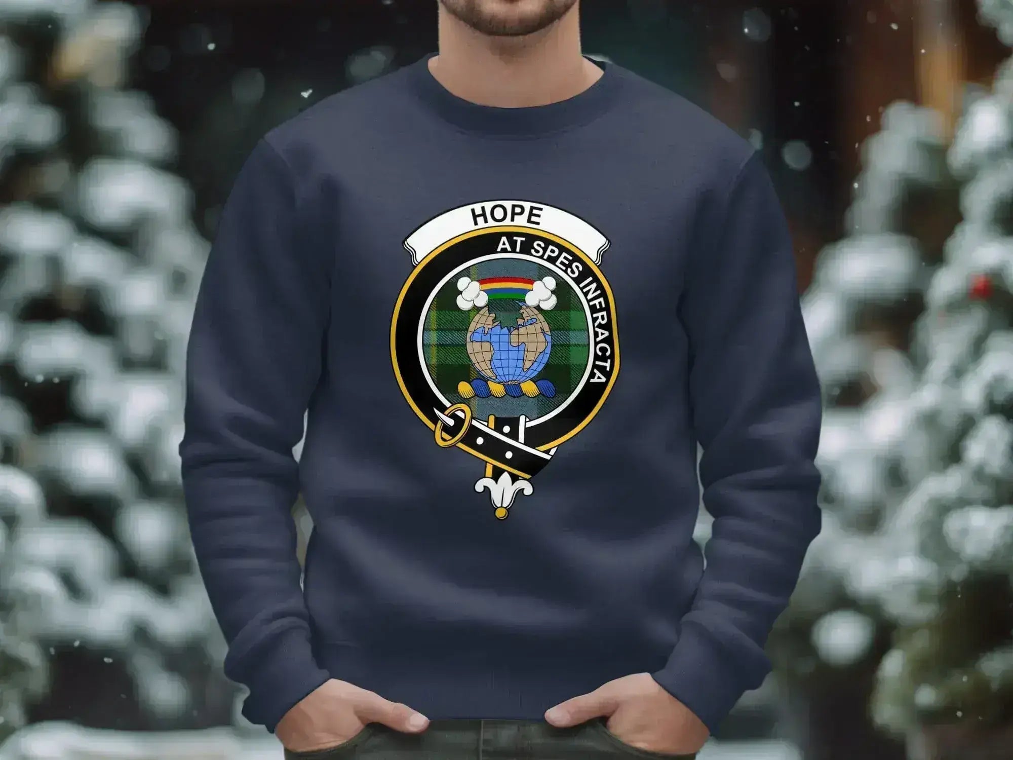 Clan Hope tartan sweatshirt — black crewneck with printed clan crest and motto