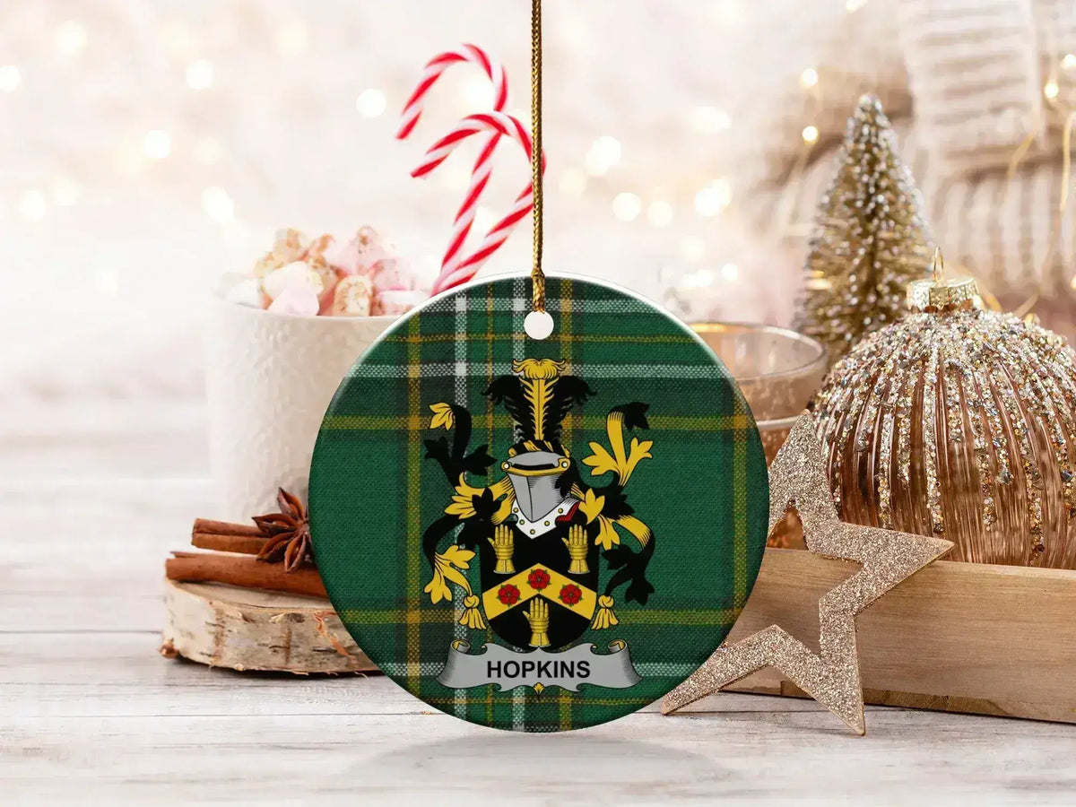 Hopkins Irish surname tartan ornament with crest-style emblem