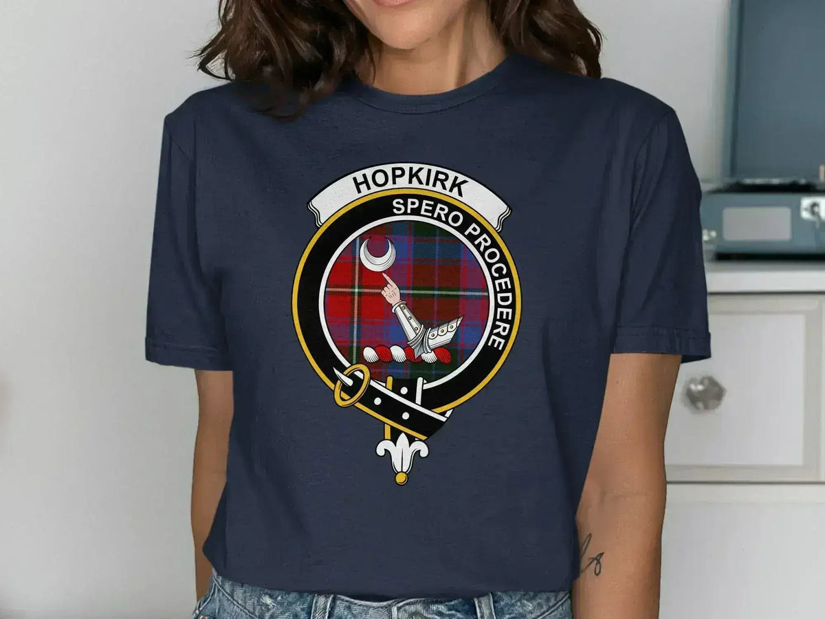 Hopkirk clan crest T-shirt with Spero Procedere motto and tartan design — alternate view