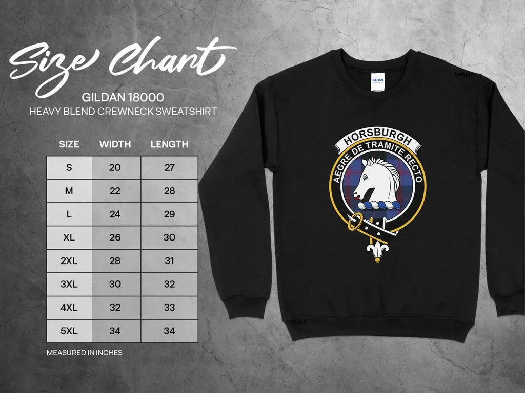 Horsburgh clan crest crewneck sweatshirt with Aegre de Tramite Recto motto and tartan design