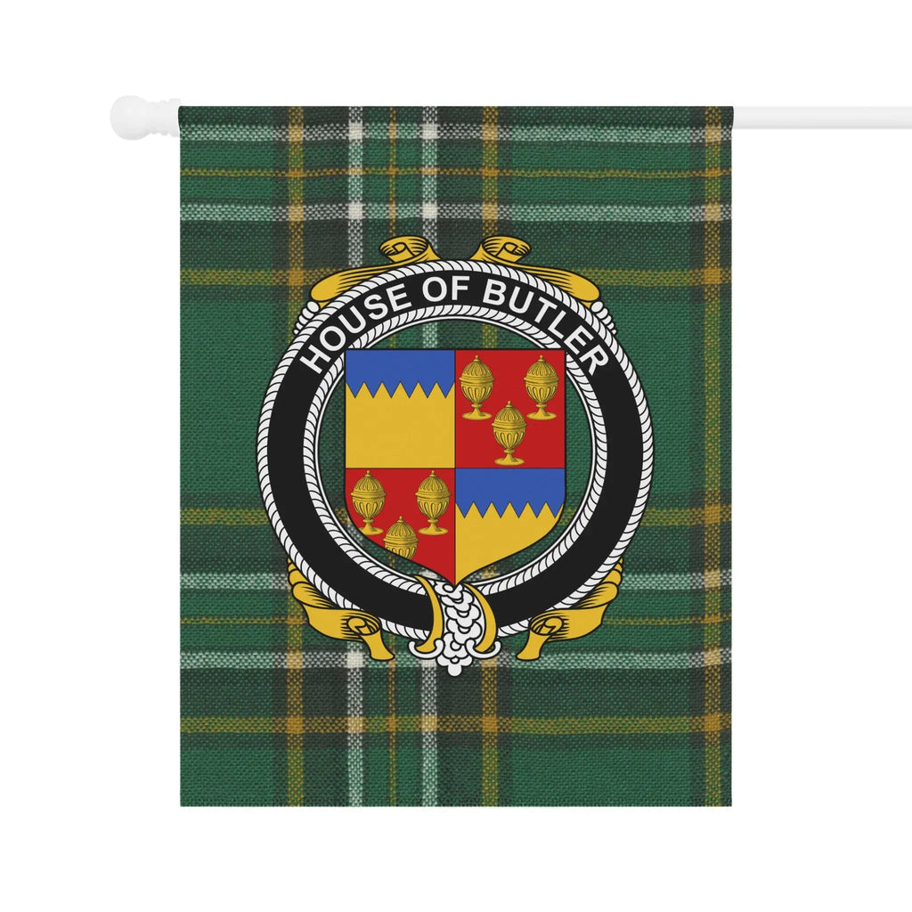 House of Butler Family Crest on Green Plaid Flag