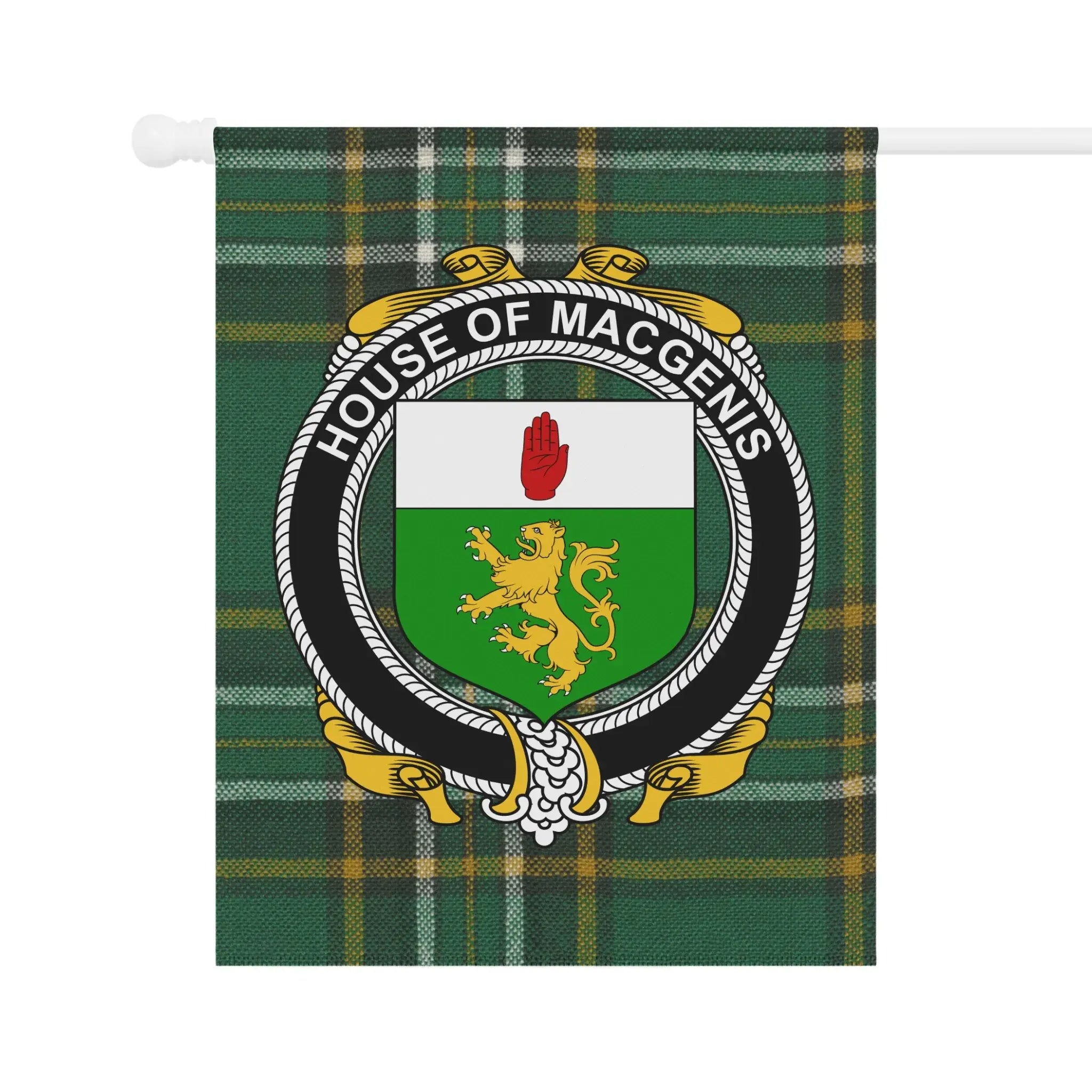 House of MacGennis Banner with Crest and Plaid Design