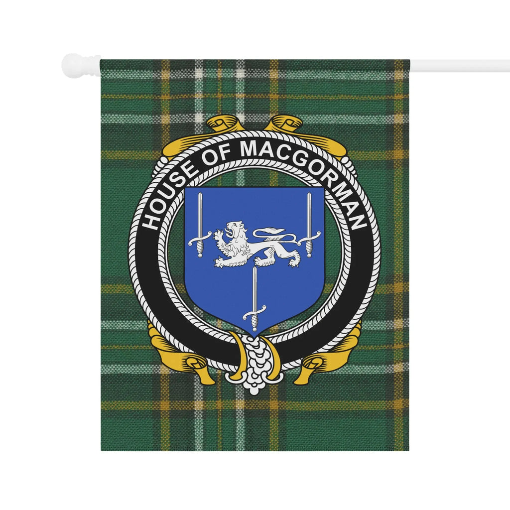 House of Macgorman Crest on Green Tartan Flag Banner