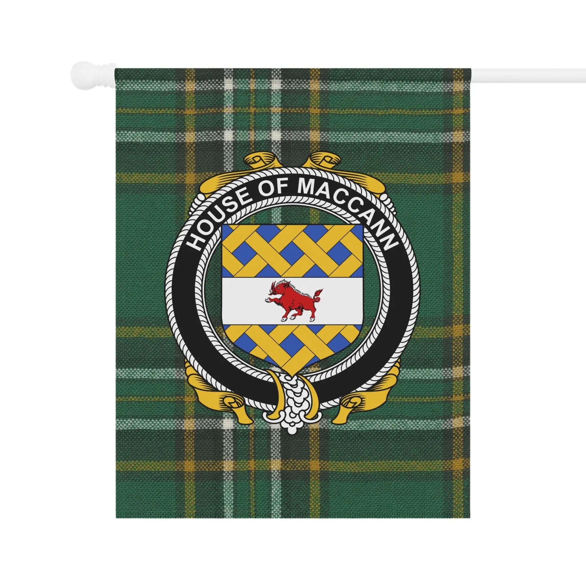 House of Maccann Crest on Green Tartan Flag Product