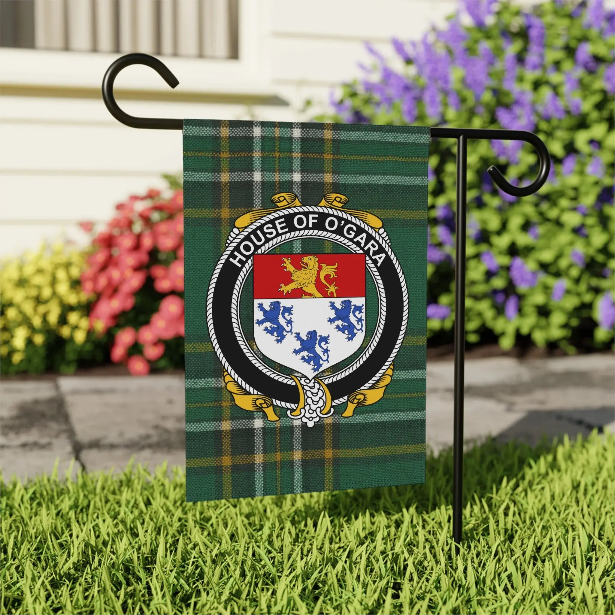 House of O'Gara Emblem on Plaid Garden Flag