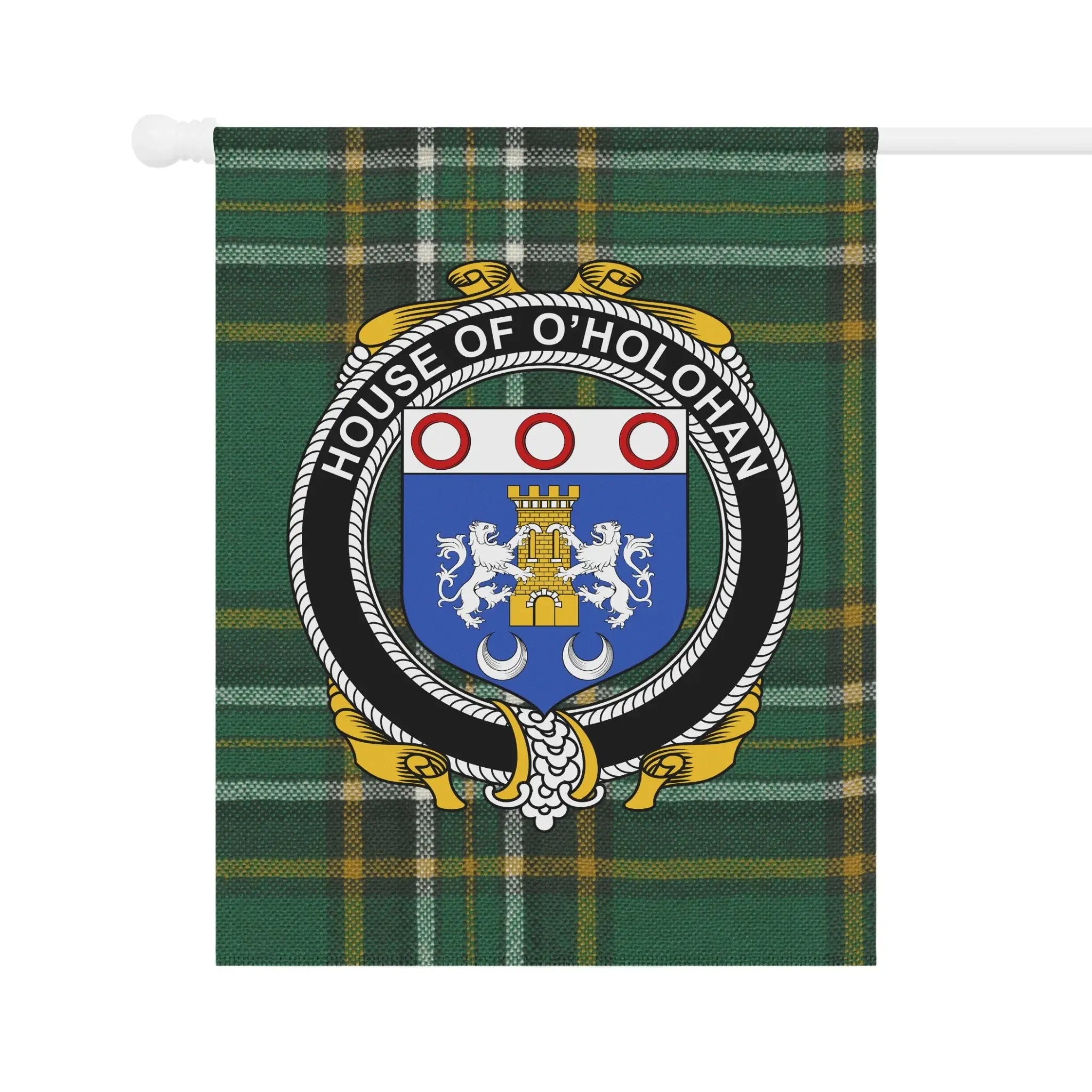House of O'Holohan Crest on Green Plaid Flag