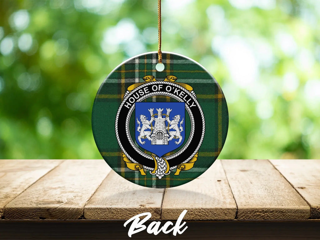 House of O'Kelly Crest Ornament in Green Tartan Pattern