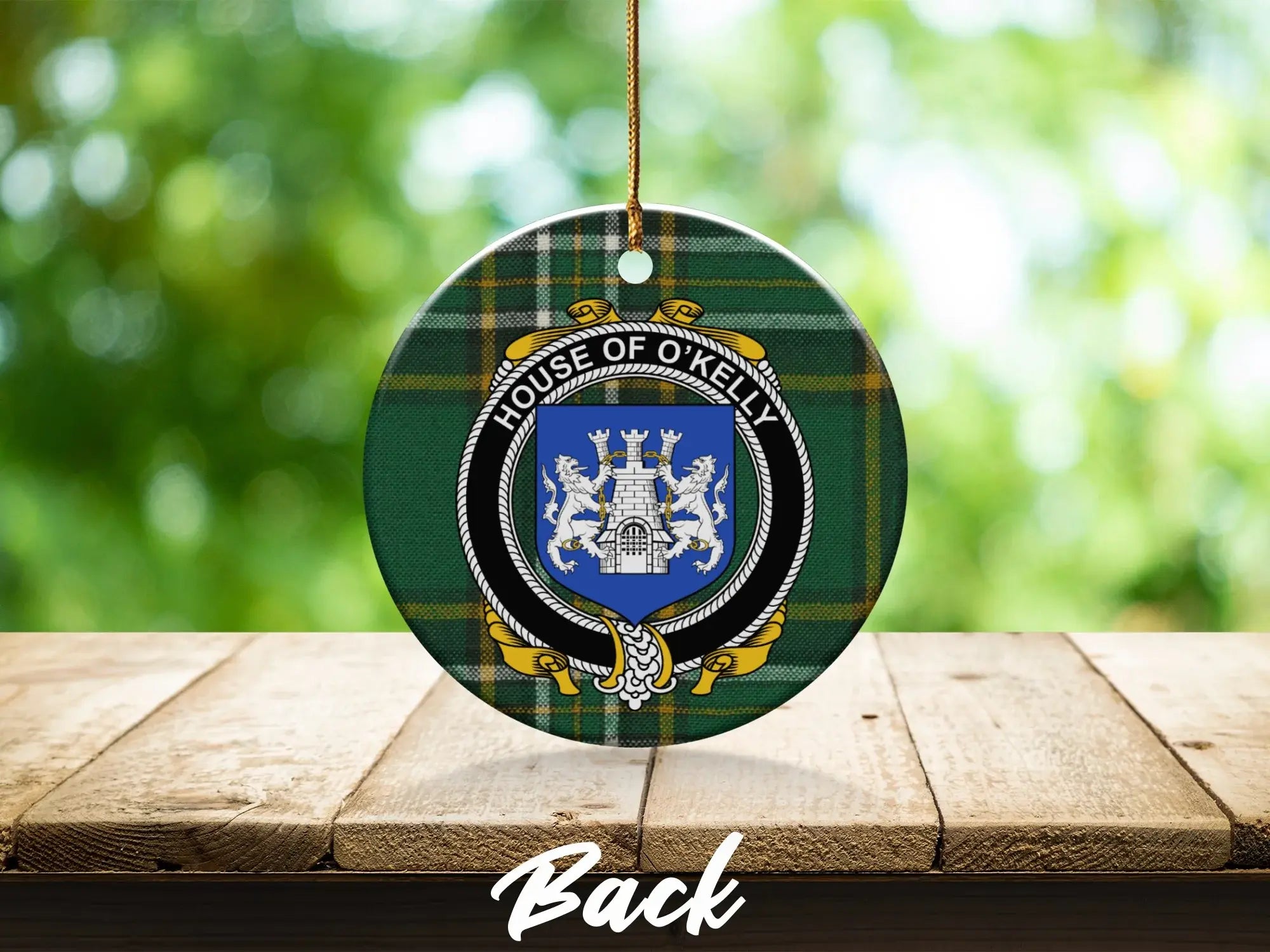 House of O'Kelly Crest Ornament in Green Tartan Pattern