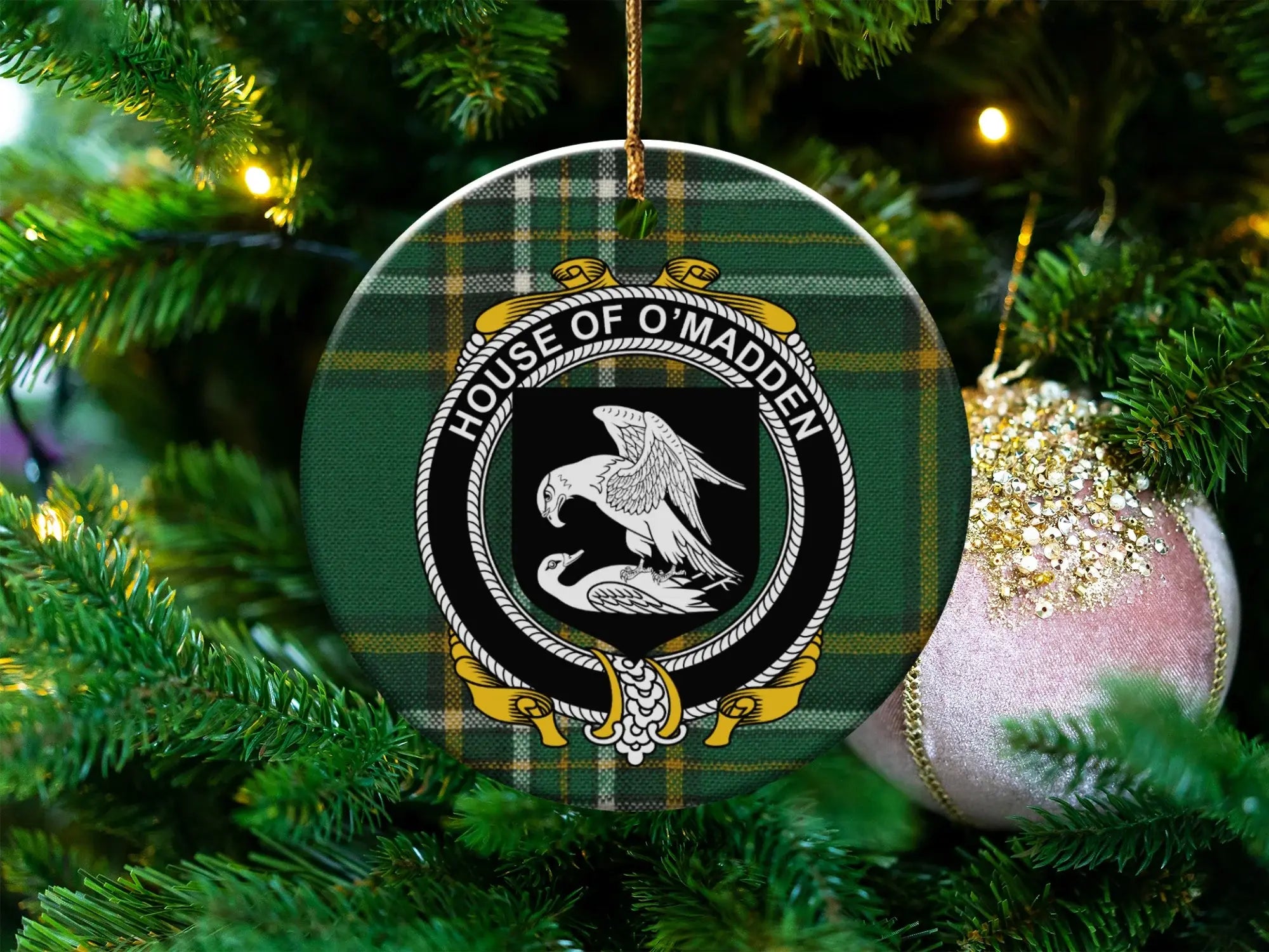 House of O'Madden Crest on Plaid Design Ornament