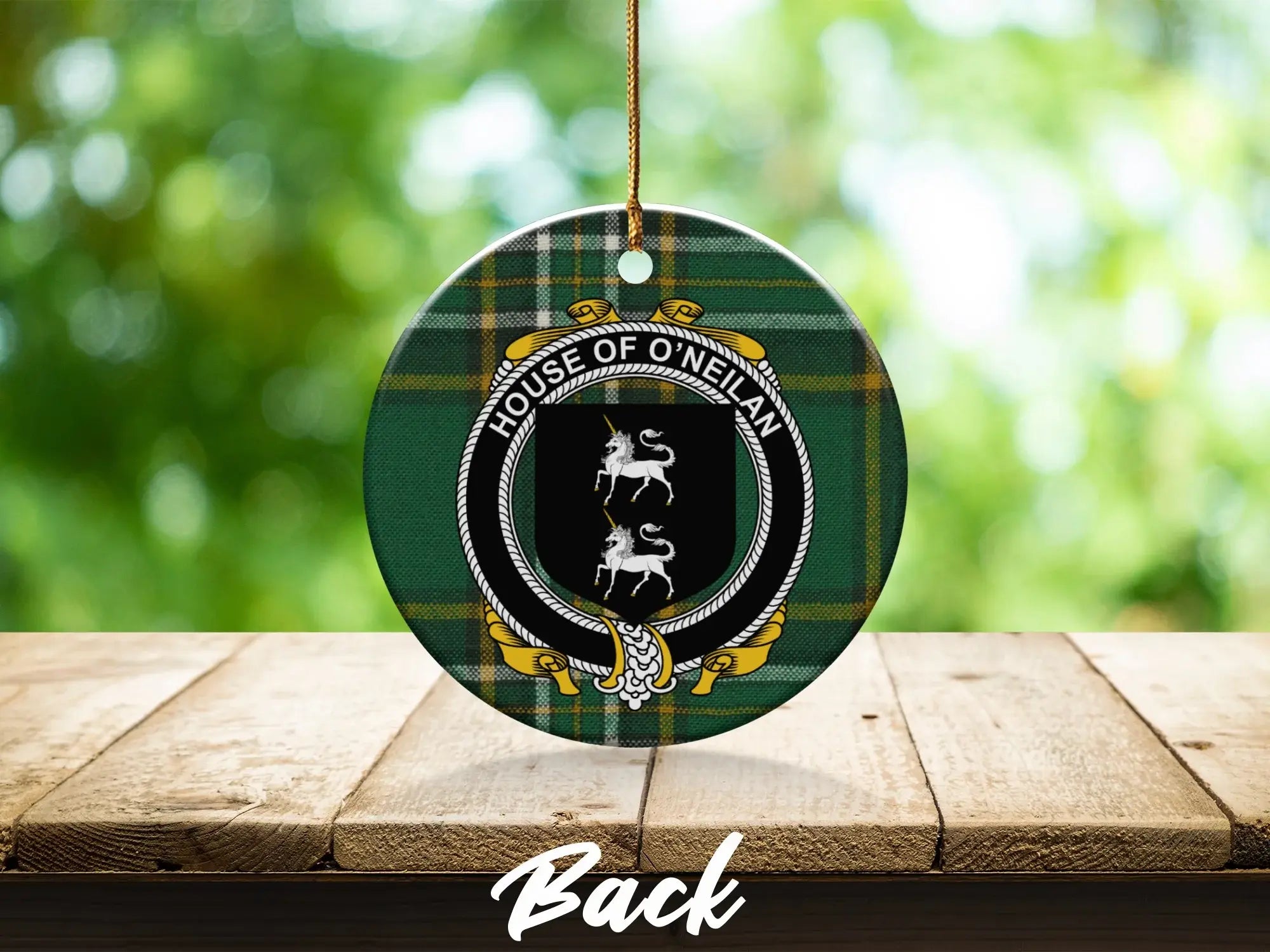 House of O'Nielan Crest on Green Plaid Ornament