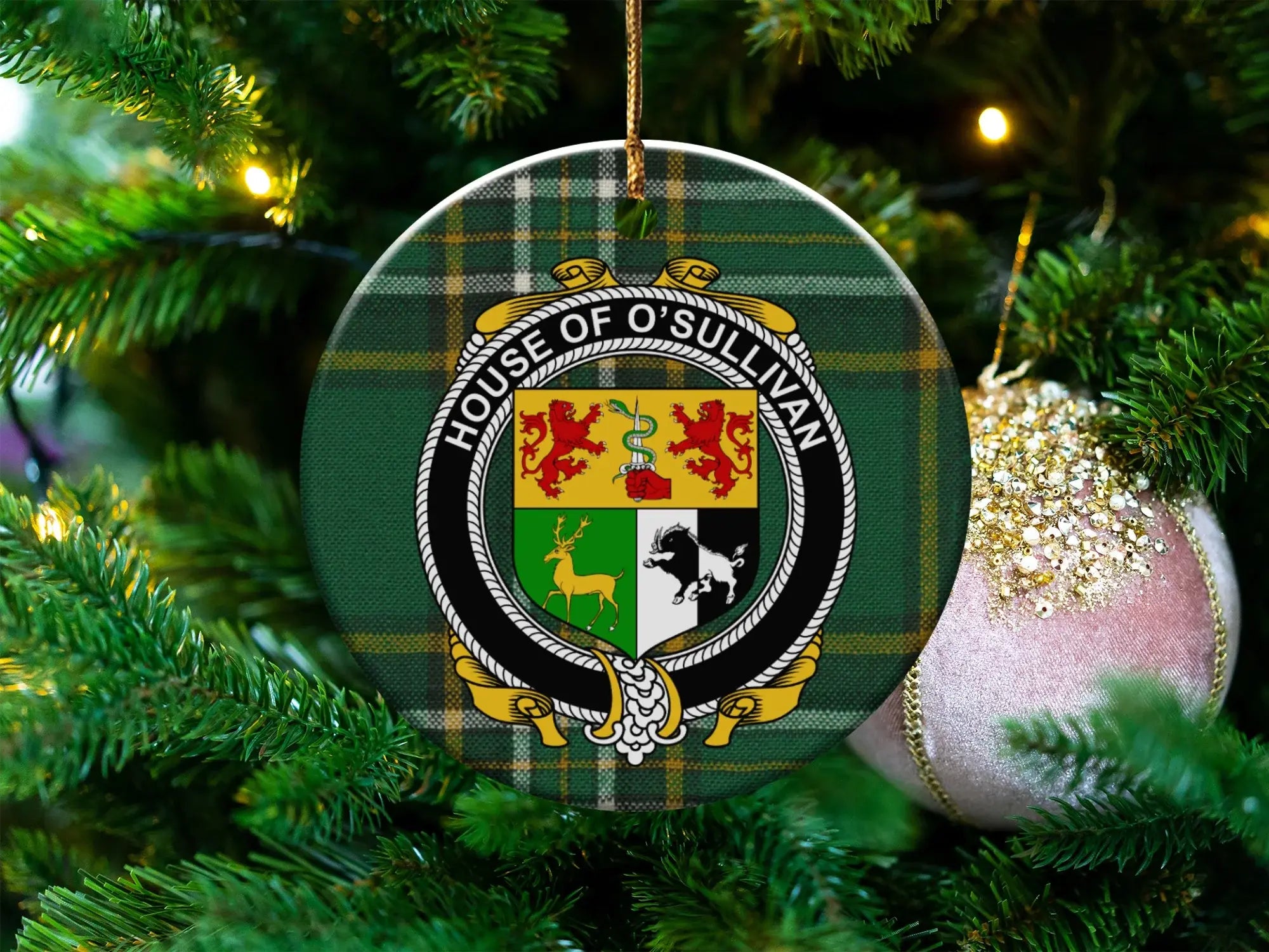 House of O'Sullivan Plaid Family Crest Ornament
