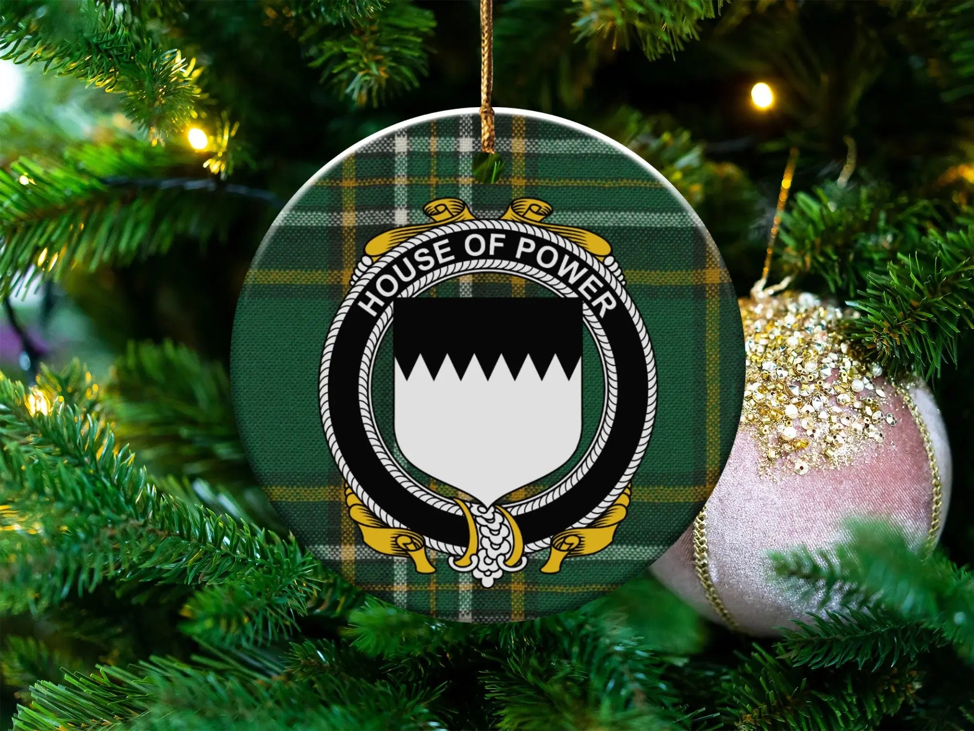 House of Power Plaid Crest Christmas Ornament
