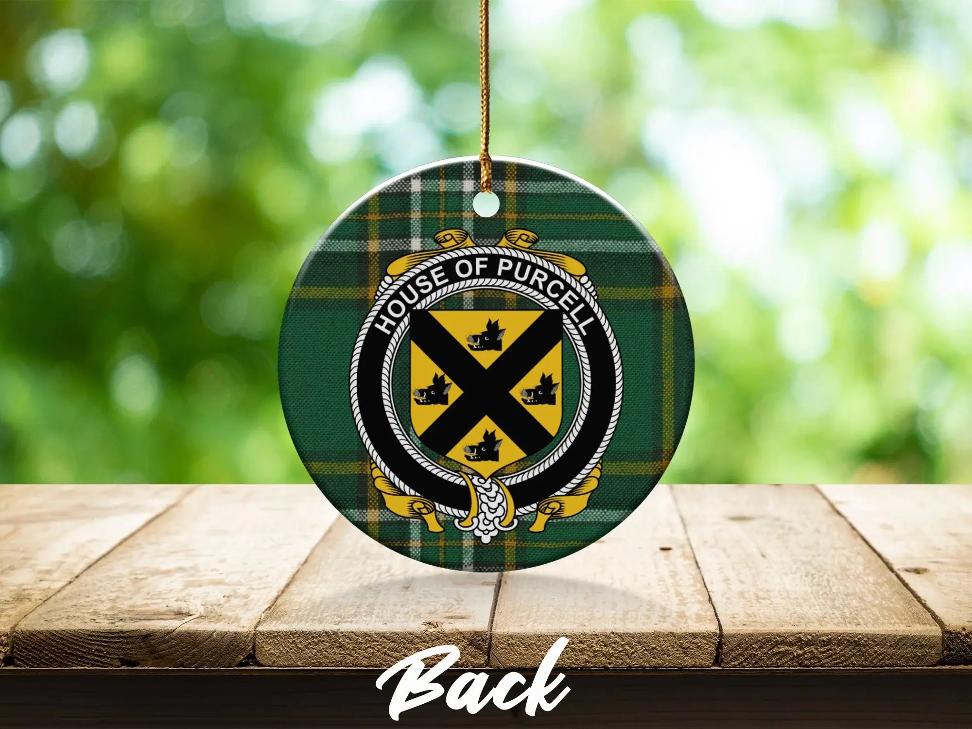House of Purcell Crest Ornament with Plaid Design