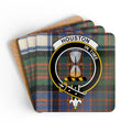 Clan Houston tartan crest coaster set — 3.75 inch square cork base with In Time motto print