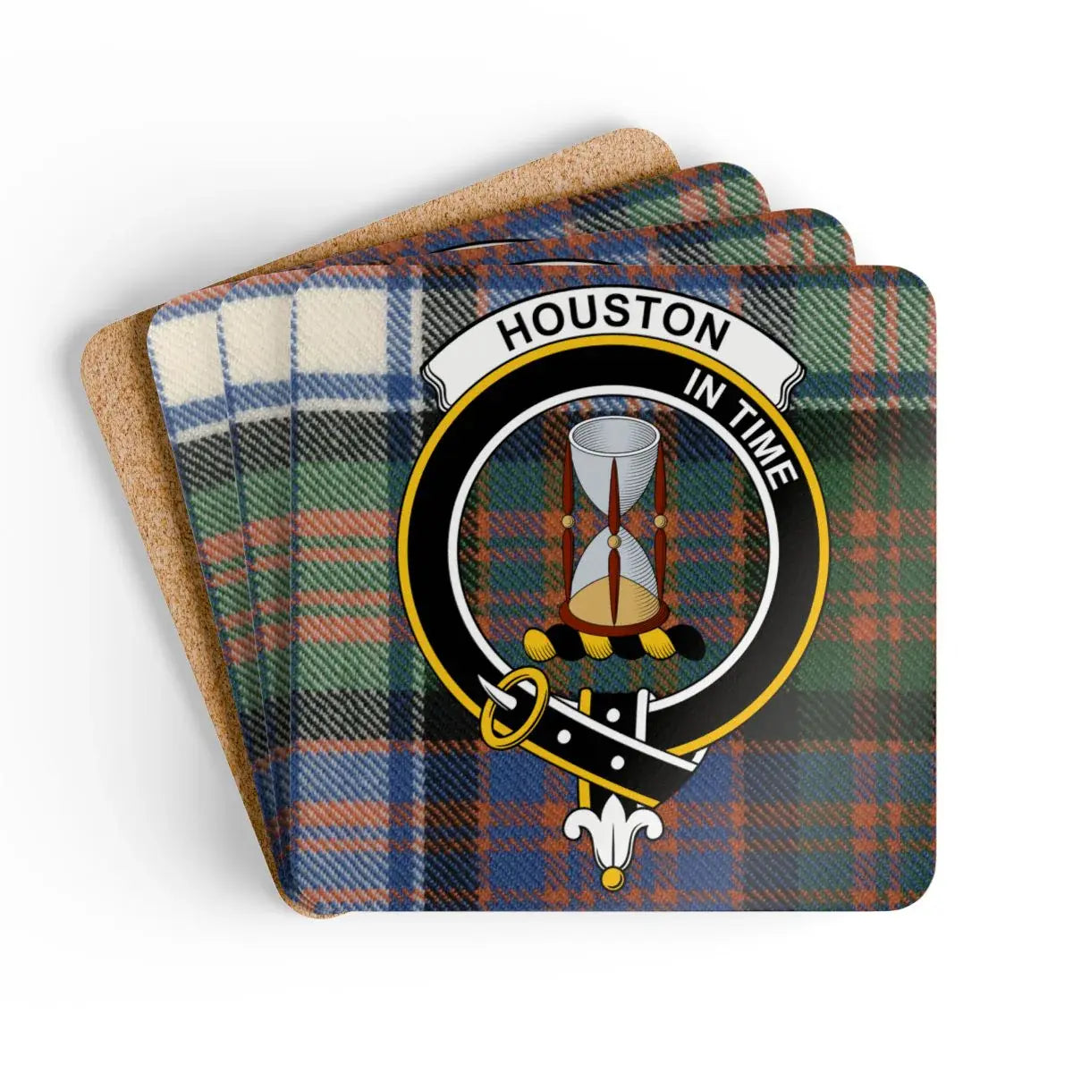 Clan Houston tartan crest coaster set — 3.75 inch square cork base with In Time motto print