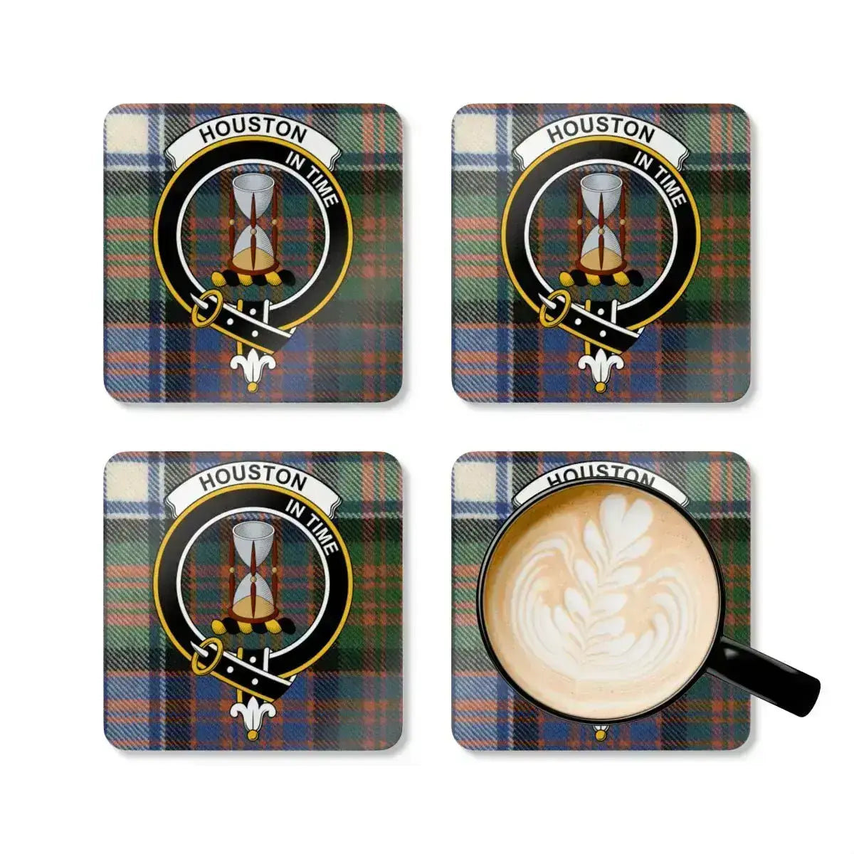 Clan Houston crest coaster — glossy full colour tartan design on square cork coaster