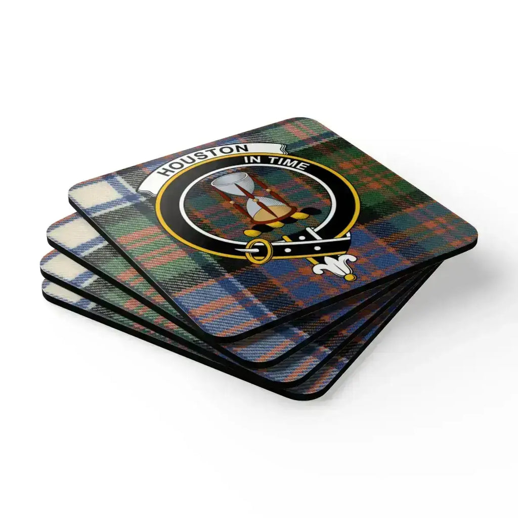 Clan Houston crest coaster — tartan pattern and In Time motto on 3.75 inch square coaster