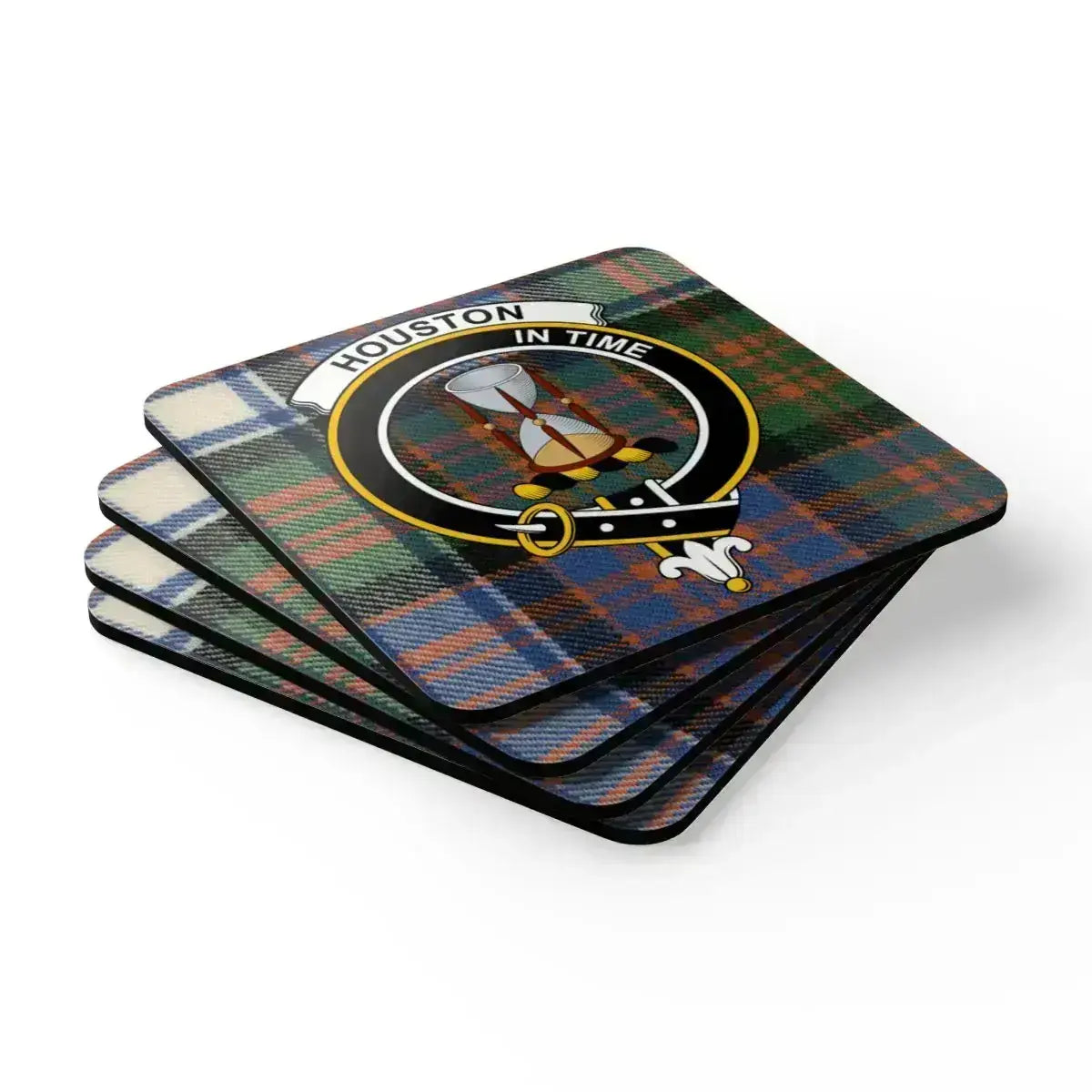 Clan Houston crest coaster — tartan pattern and In Time motto on 3.75 inch square coaster