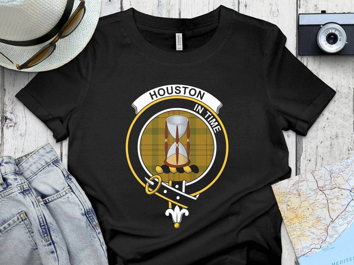Clan Houston tartan crest t-shirt — navy short sleeve with In Time motto design