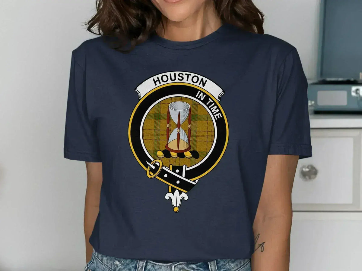 Clan Houston crest t-shirt — royal blue cotton short sleeve with tartan print