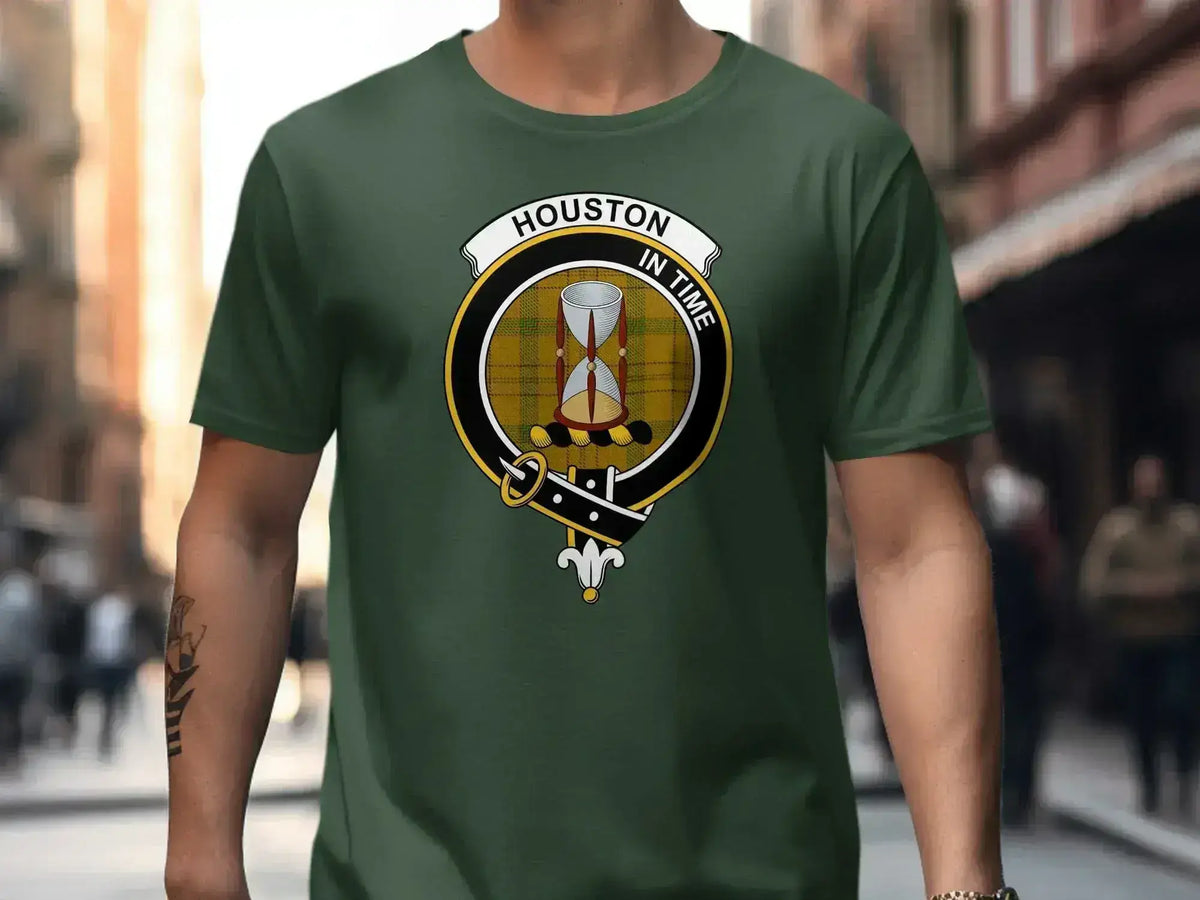 Clan Houston tartan crest tee — black short sleeve, In Time motto visible
