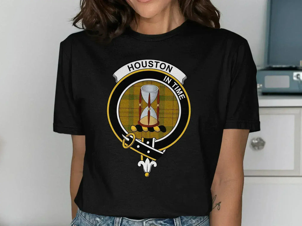 Clan Houston crest t-shirt — forest green with tartan and heraldic crest print