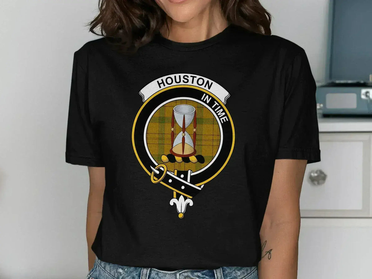 Clan Houston crest t-shirt — forest green with tartan and heraldic crest print