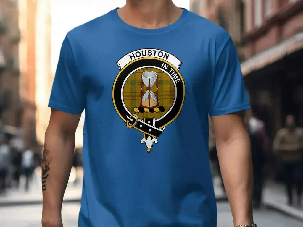 Clan Houston tartan t-shirt — front view showing full crest and In Time motto design