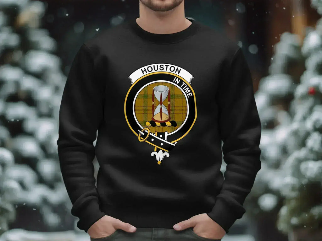 Clan Houston crest sweatshirt — black crewneck with tartan and In Time motto print