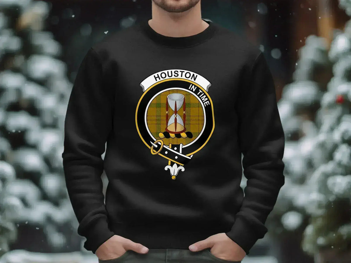 Clan Houston crest sweatshirt — black crewneck with tartan and In Time motto print