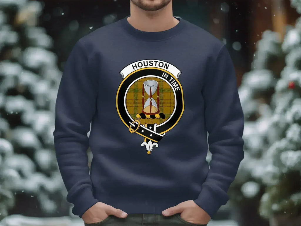 Clan Houston crest sweatshirt — royal blue crewneck, printed tartan design