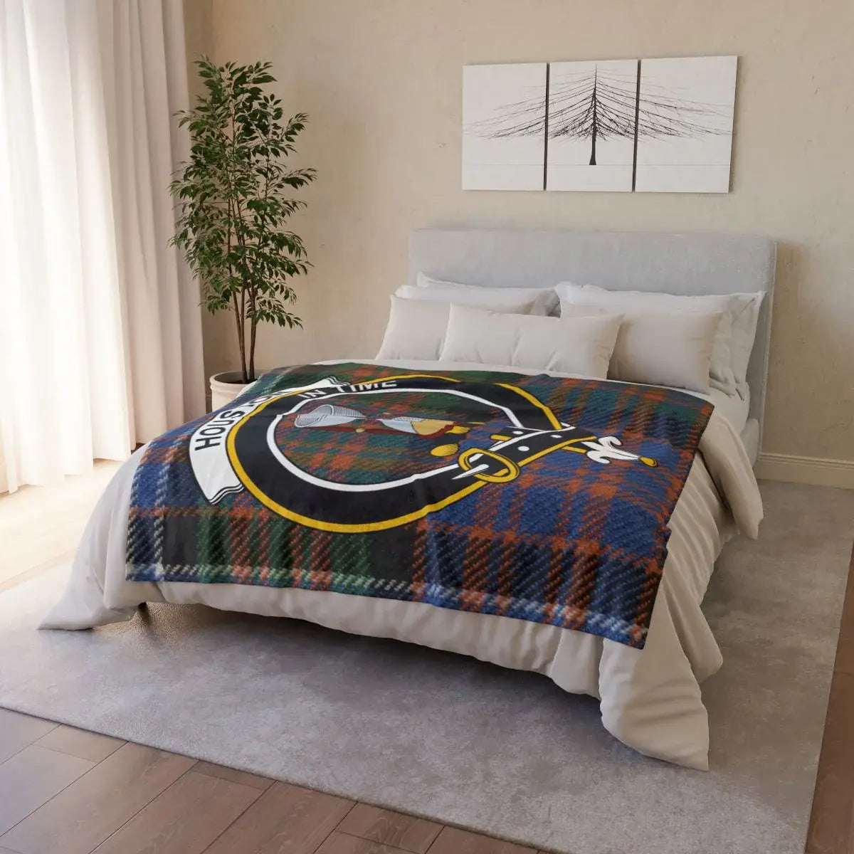 Clan Houston throw blanket — draped view showing full tartan and clan crest print, hemmed edges