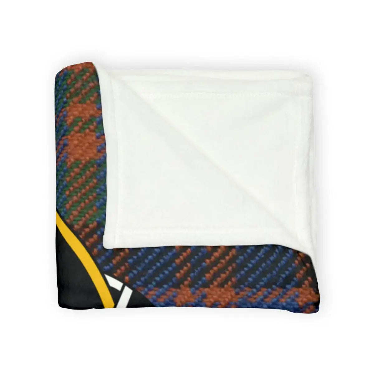 Clan Houston tartan throw — lightweight polyester, white reverse, sofa display
