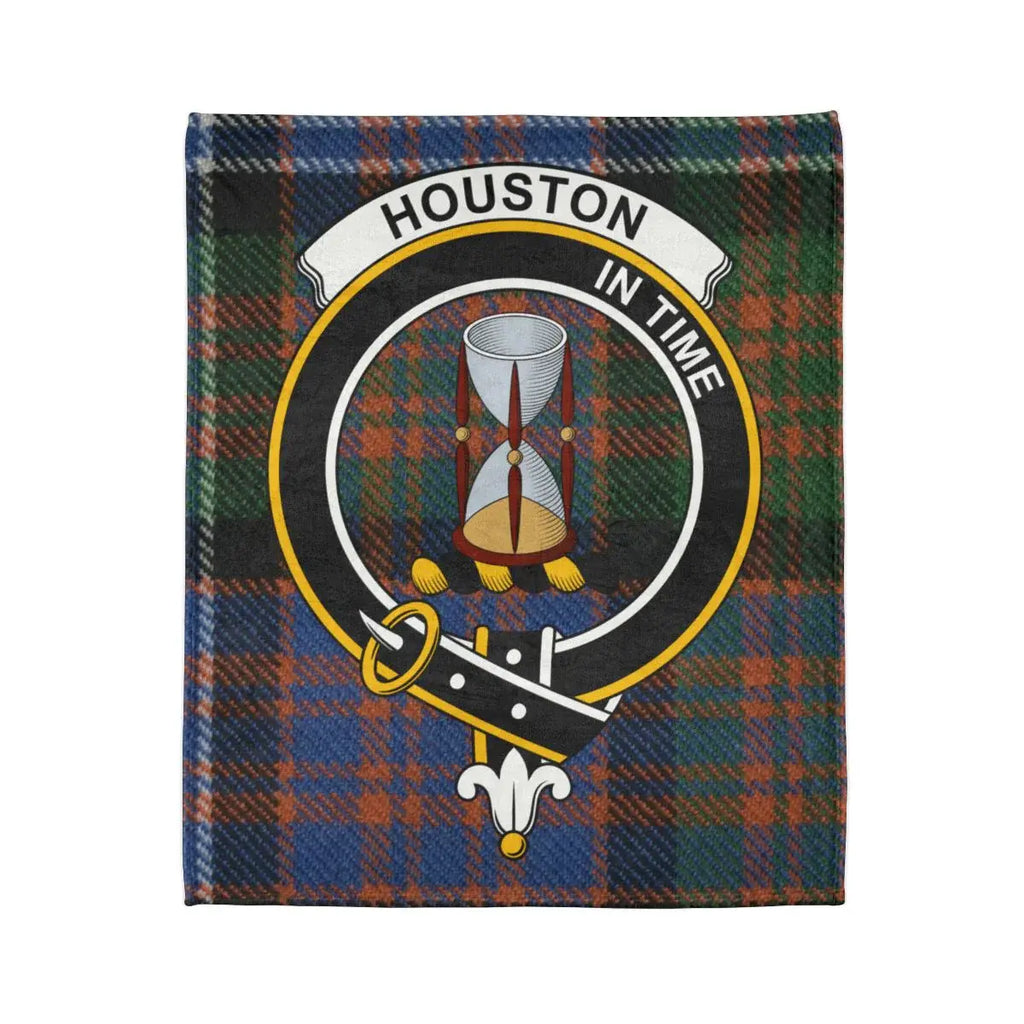 Clan Houston crest throw blanket — folded view showing tartan pattern and In Time motto