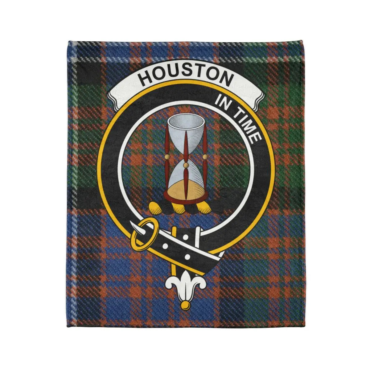 Clan Houston crest throw blanket — folded view showing tartan pattern and In Time motto