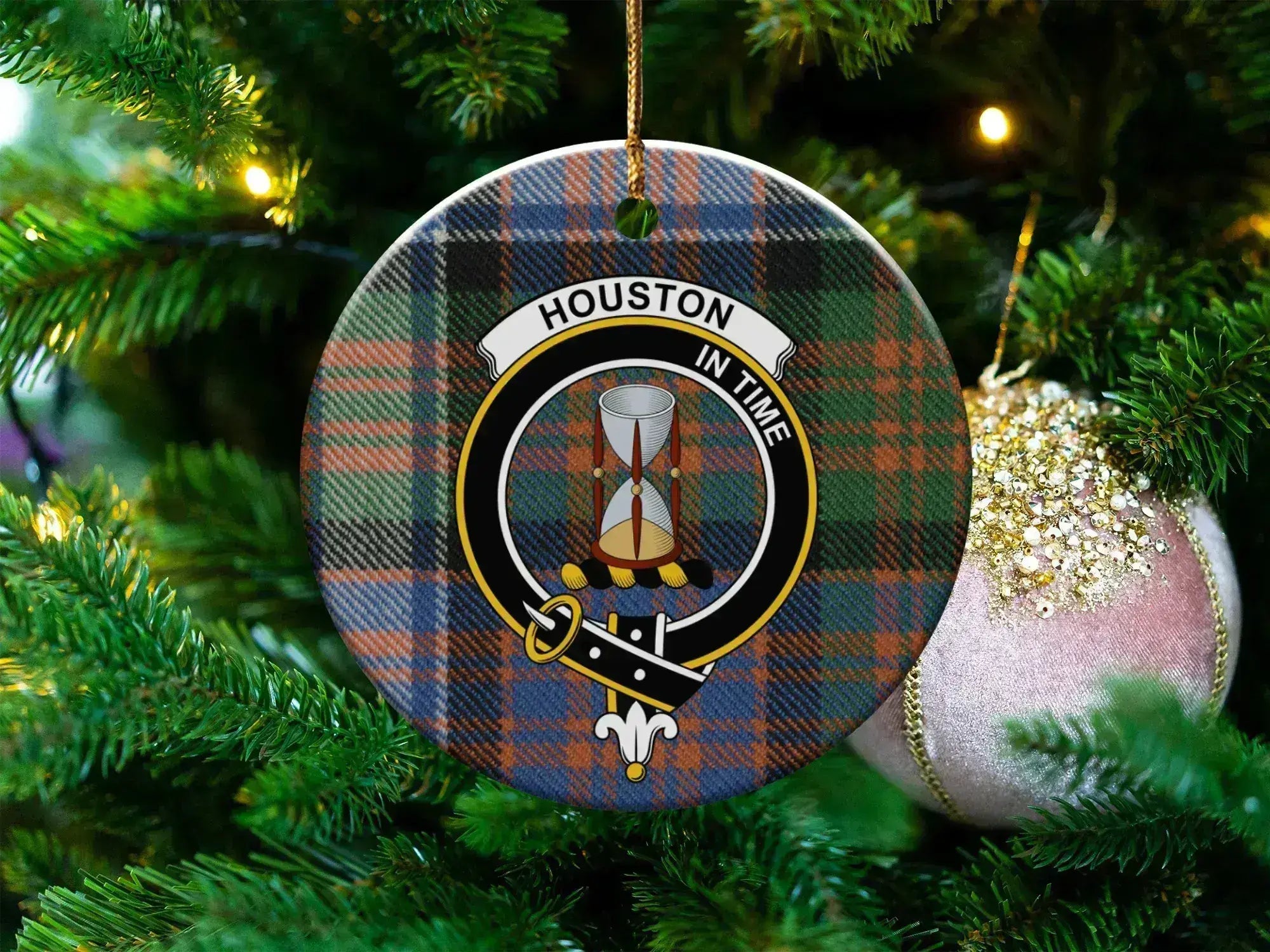 Clan Houston tartan crest ceramic ornament — 3 inch round, double-sided UV print with gold hanging string
